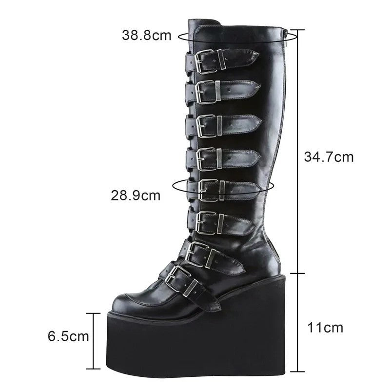 Buckles Galore Knee High Wedges - Festigal