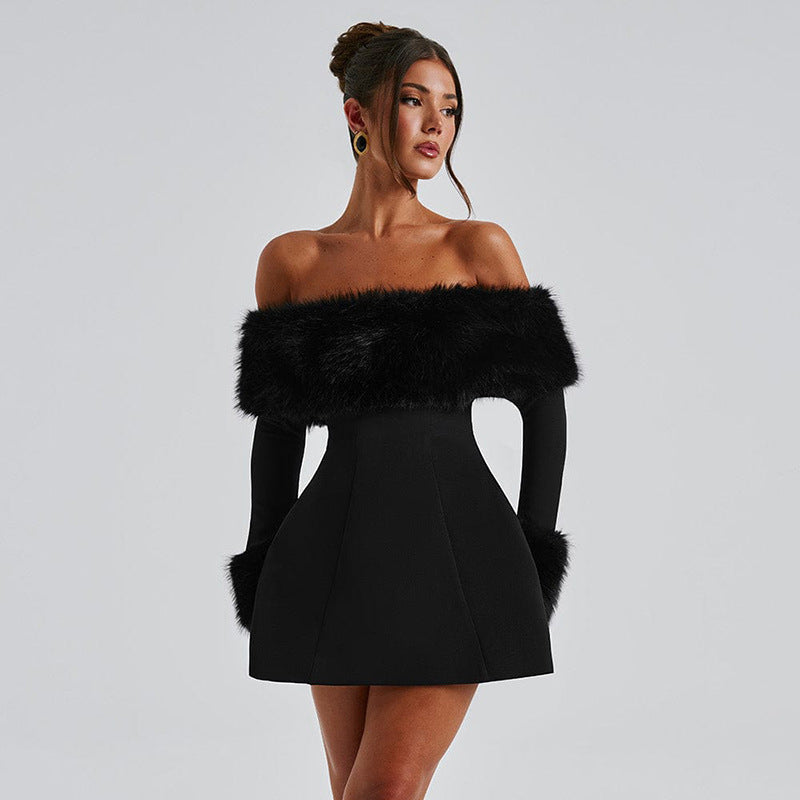 Faux Fur Trim A-Line Dress - Festigal