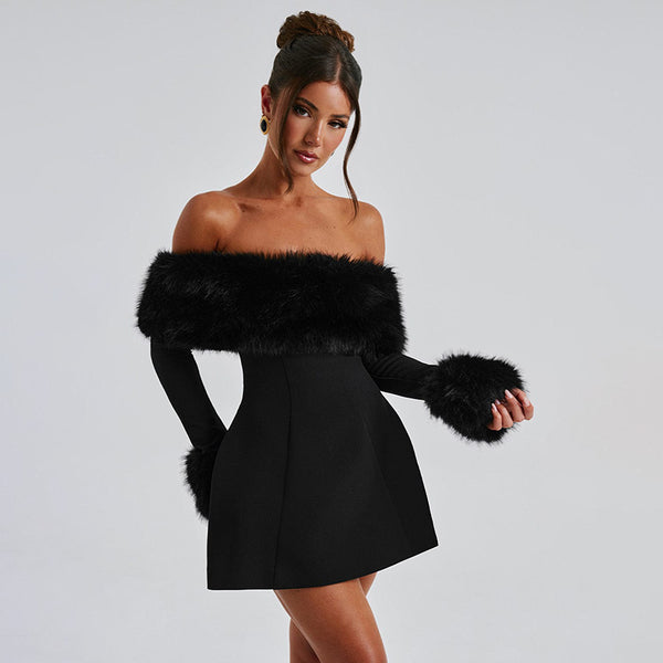 Faux Fur Trim A-Line Dress - Festigal