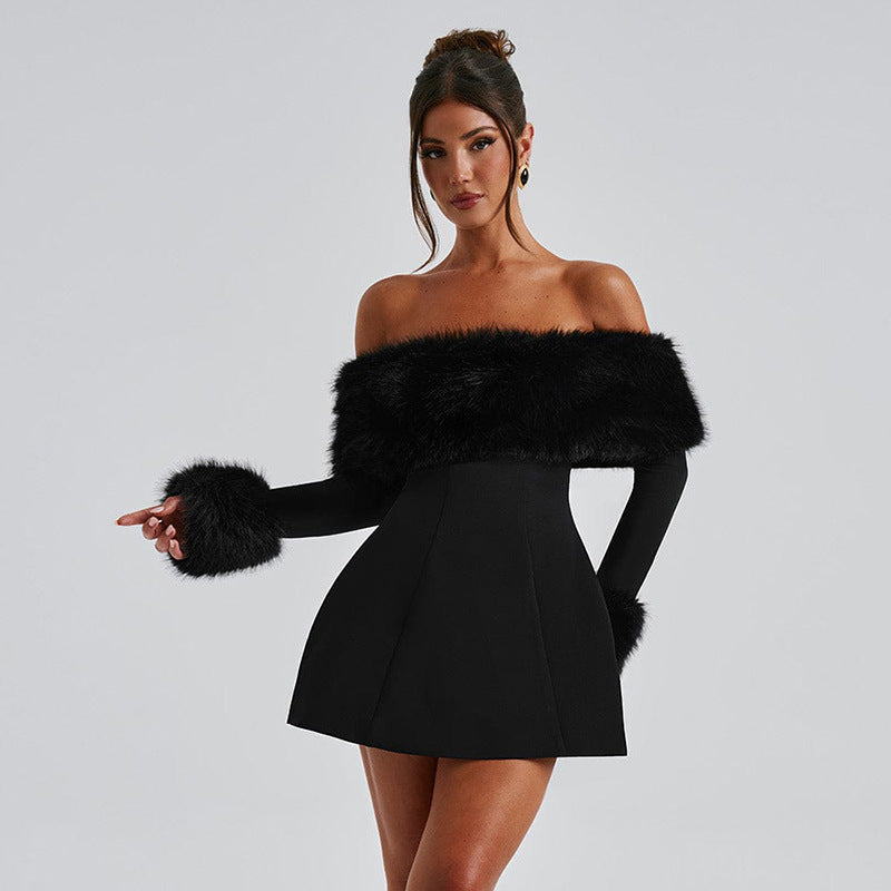 Faux Fur Trim A-Line Dress - Festigal