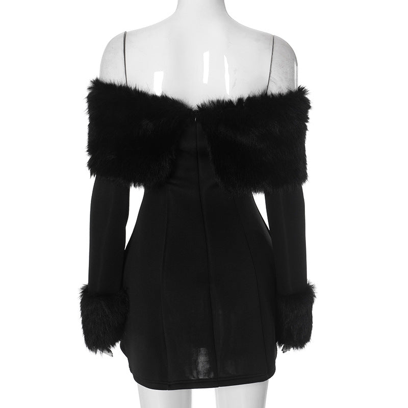 Faux Fur Trim A-Line Dress - Festigal