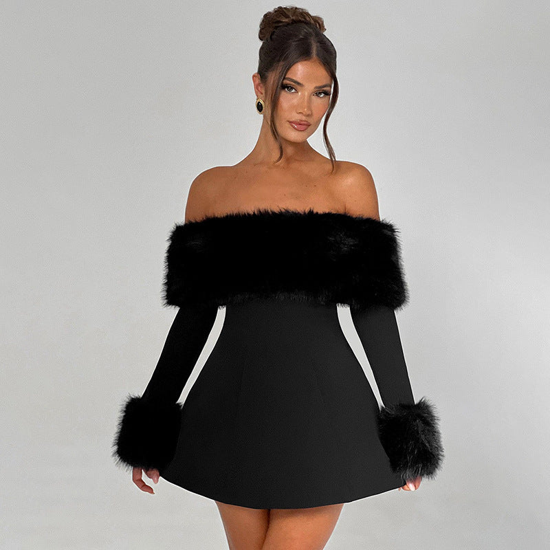 Faux Fur Trim A-Line Dress - Festigal