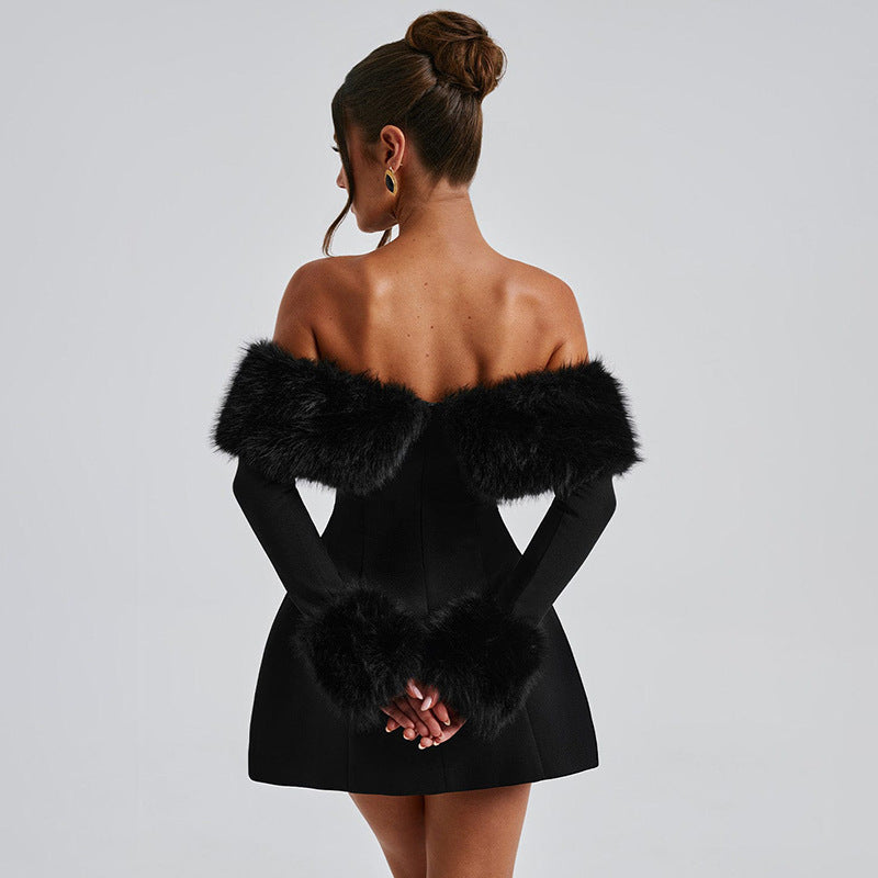 Faux Fur Trim A-Line Dress - Festigal
