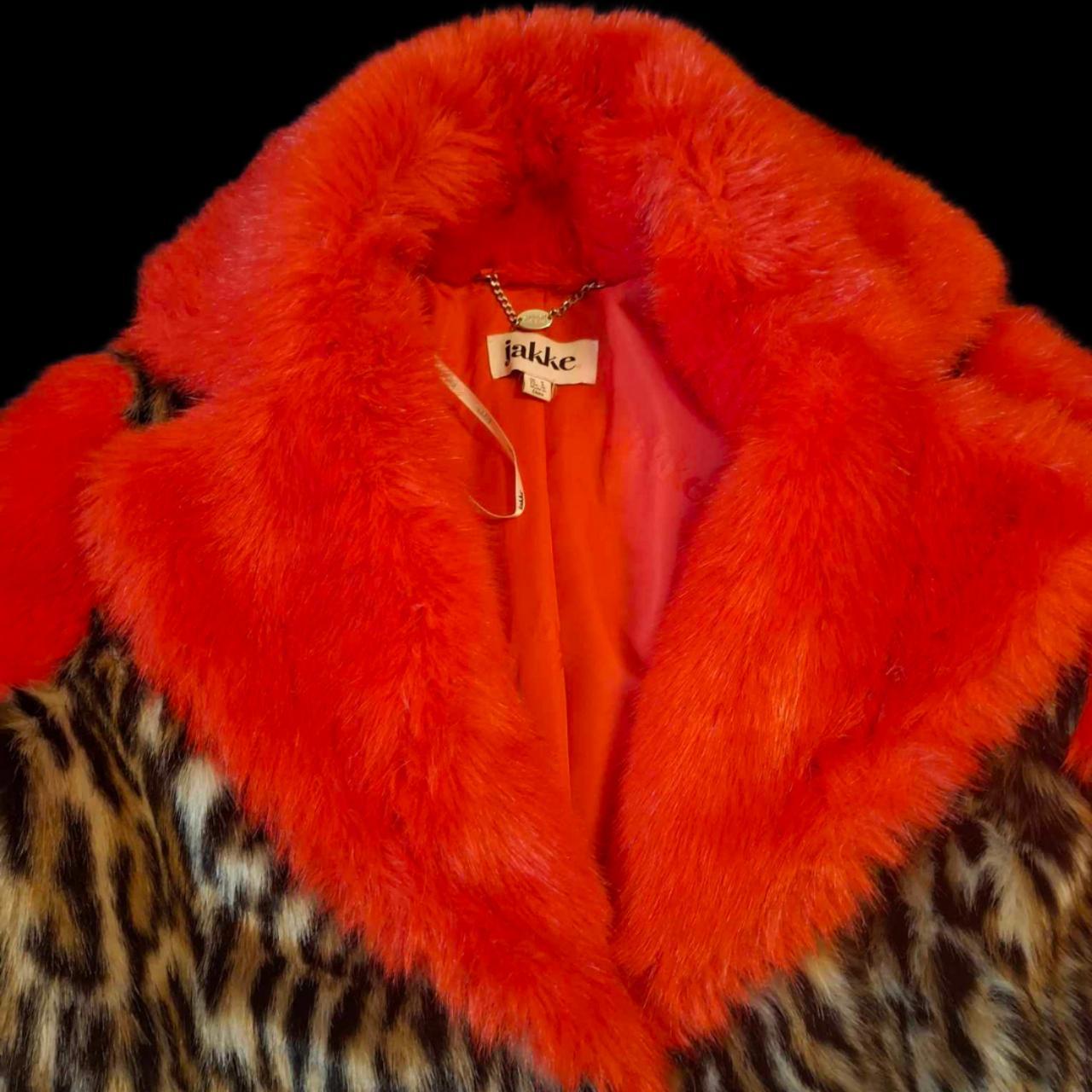 Jakke Size UK 8 Red and Leopard Contrast Faux Fur Coat Excellent Condition. - Festigal