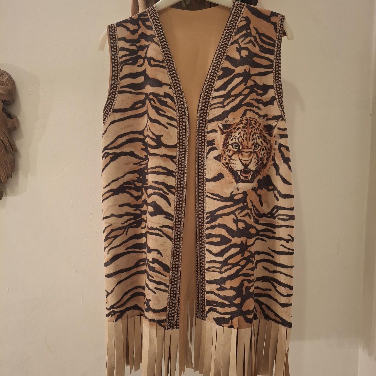 Tan and brown fringed tassel tiger gilet. One Size - Festigal