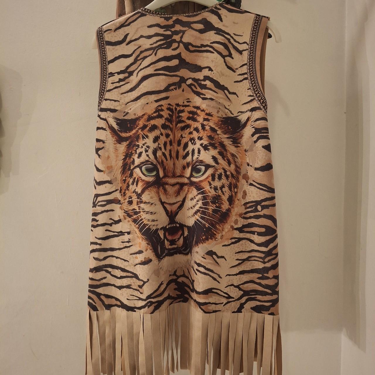 Tan and brown fringed tassel tiger gilet. One Size - Festigal
