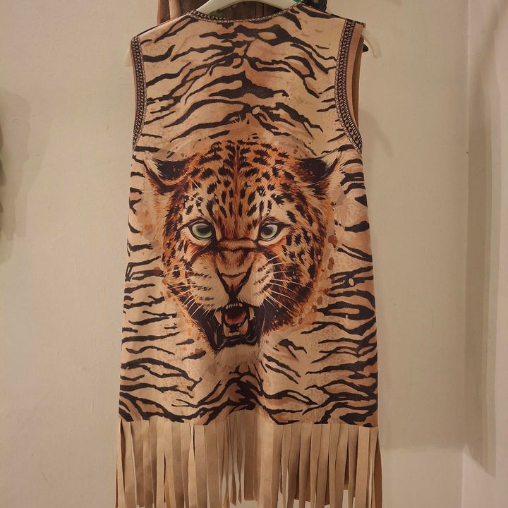 Tan and brown fringed tassel tiger gilet. One Size - Festigal