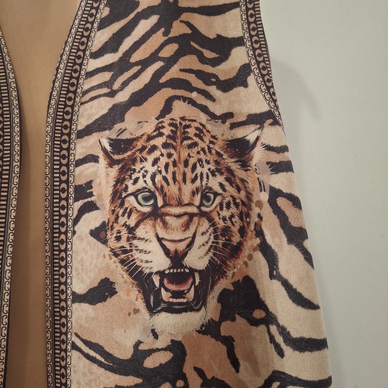 Tan and brown fringed tassel tiger gilet. One Size - Festigal