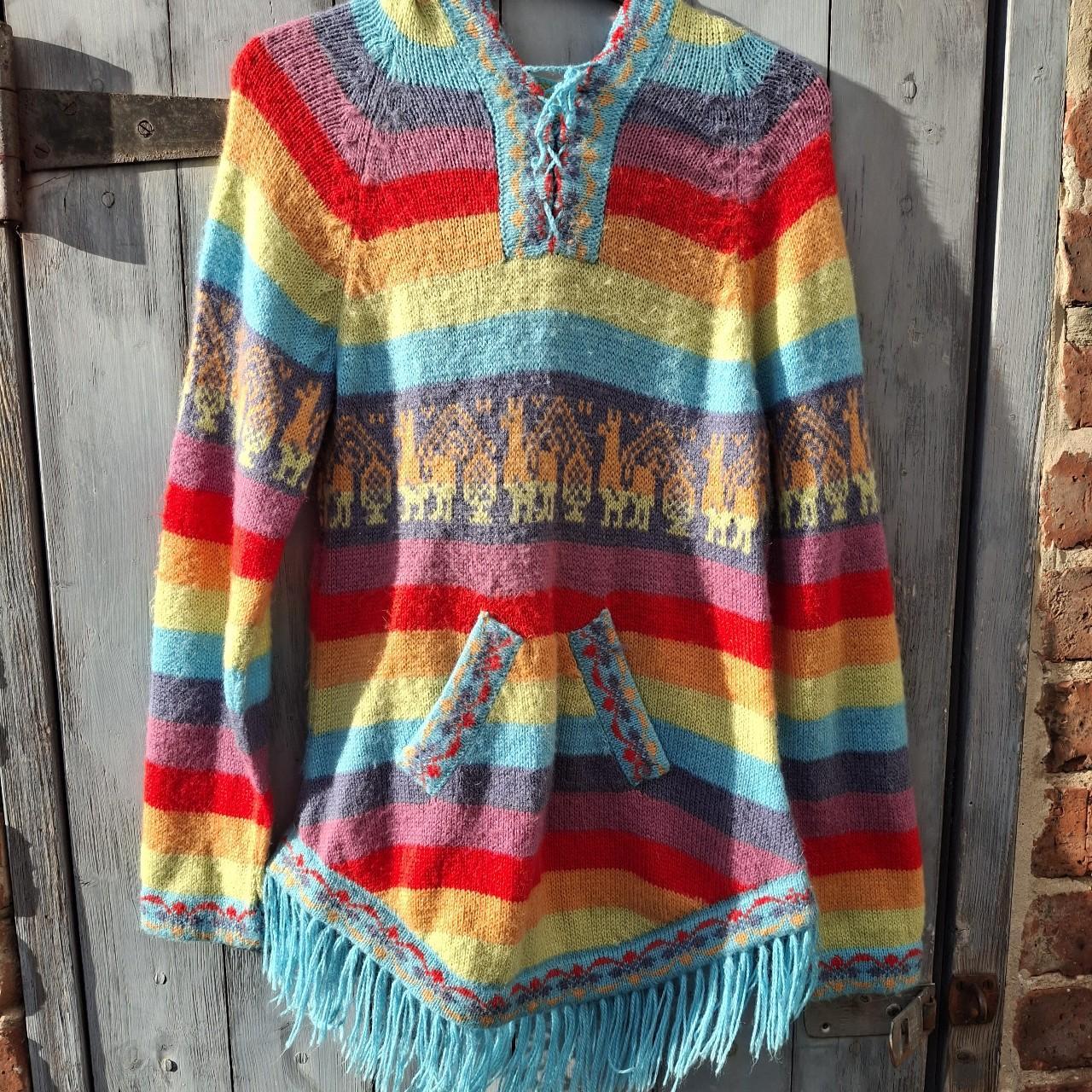 Colourful Multi-Coloured Rainbow Alpaca Wool Poncho With Fringed Hem. - Festigal