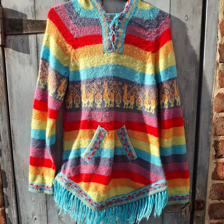 Colourful Multi-Coloured Rainbow Alpaca Wool Poncho With Fringed Hem. - Festigal