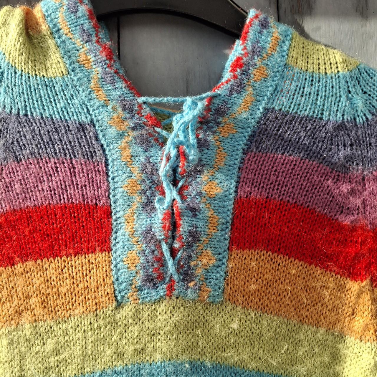 Colourful Multi-Coloured Rainbow Alpaca Wool Poncho With Fringed Hem. - Festigal