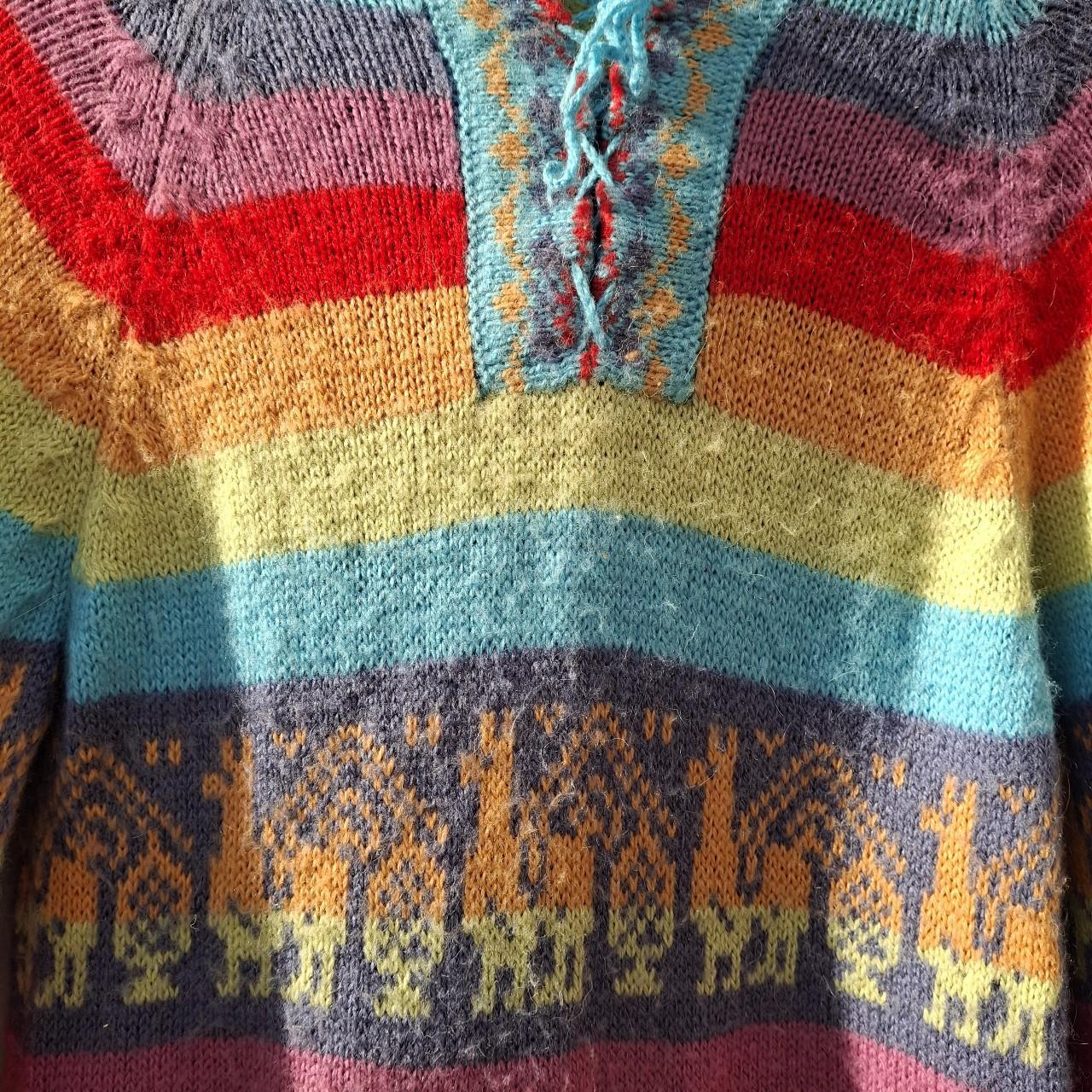 Colourful Multi-Coloured Rainbow Alpaca Wool Poncho With Fringed Hem. - Festigal