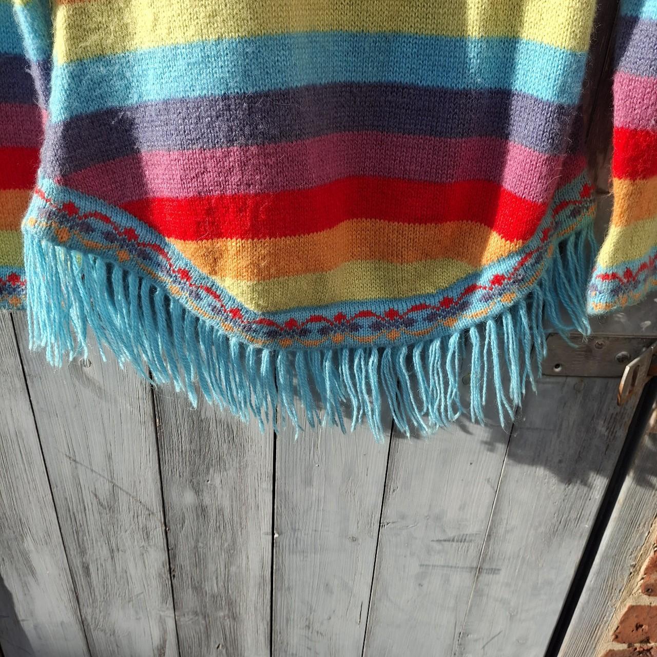 Colourful Multi-Coloured Rainbow Alpaca Wool Poncho With Fringed Hem. - Festigal