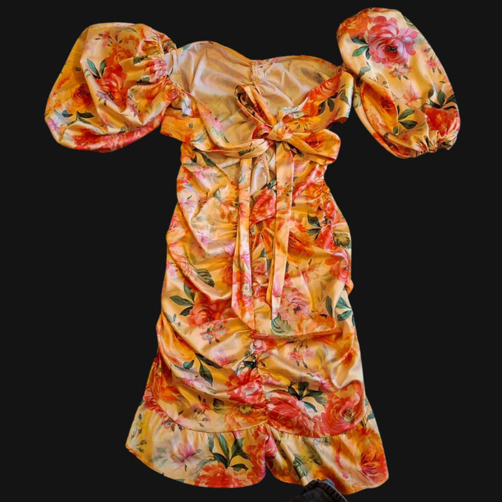 For Love & Lemons Size S Designer Ruched Floral Off The Shoulder Dress. - Festigal