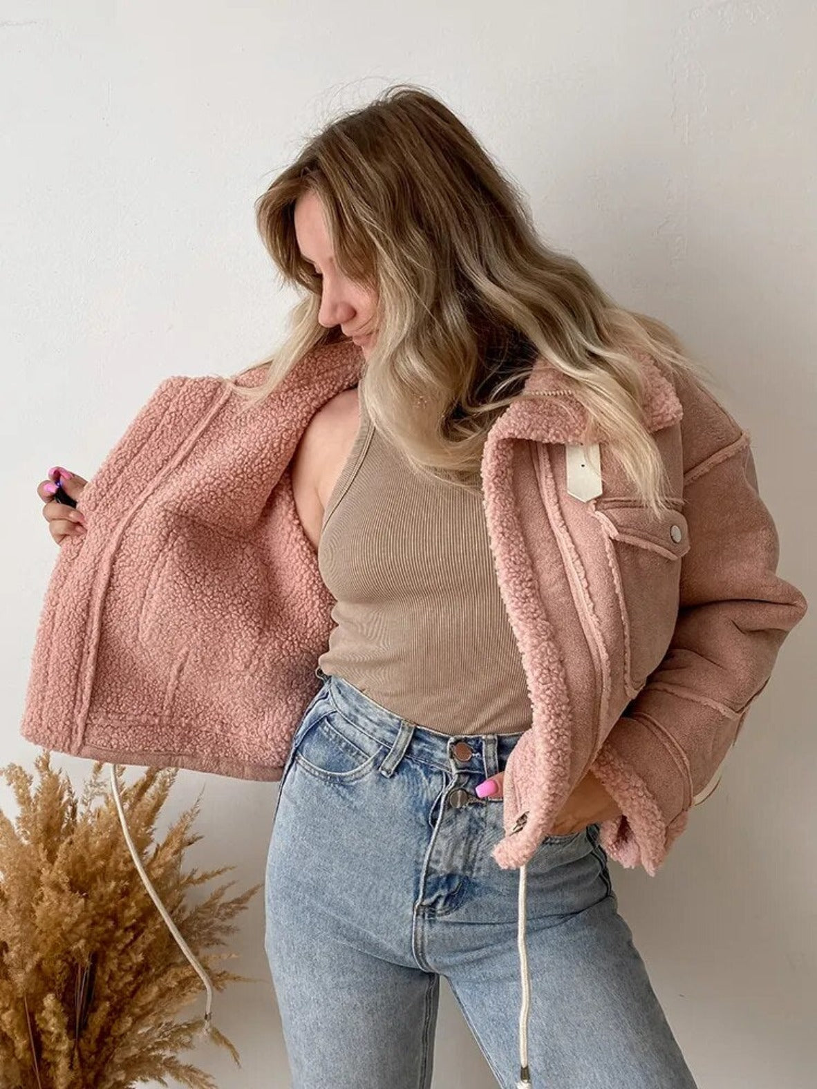 Pink Faux Sheepskin Jacket - Festigal