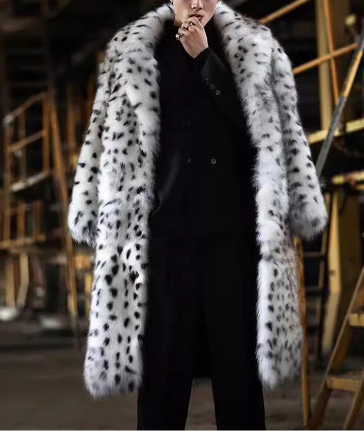 Mens Snow Leopard Faux Fur Coat