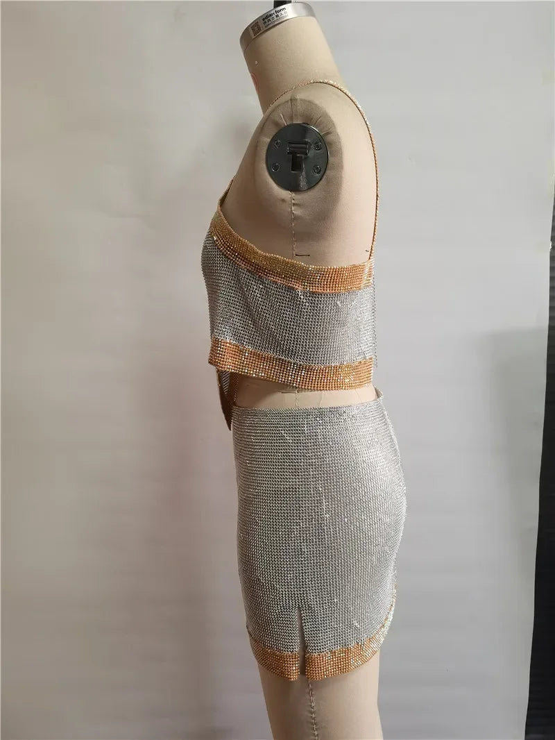 Metallic Sequin Asymmetrical Top & Skirt Set - Festigal