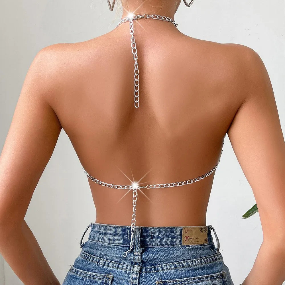 Sparkly Crystal  Purple Halter Backless Crop Top - Festigal
