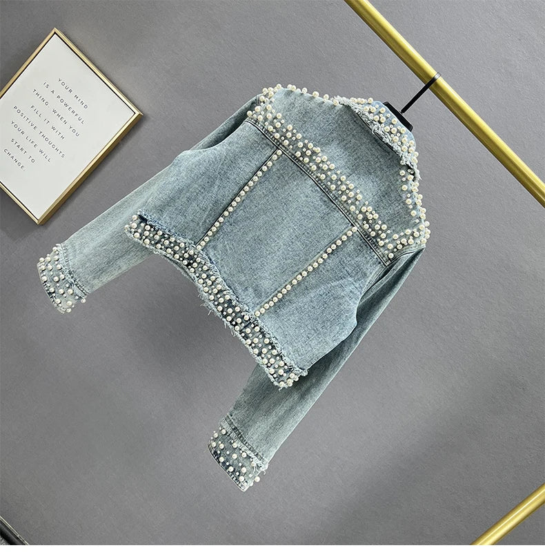 Pearl Gem Embellished Denim Jacket