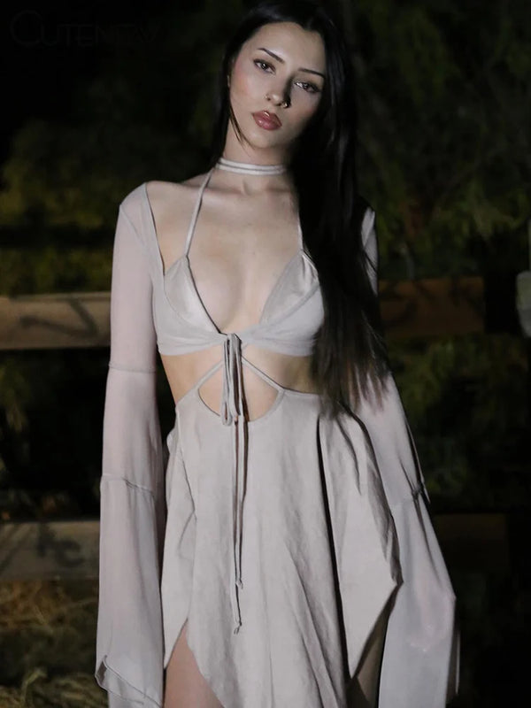 Asymmetrical Bell Sleeve Lace-Up Dress - Festigal