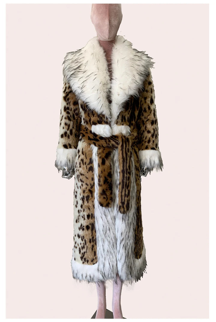 Long Faux Fur Leopard Print Coat - Festigal