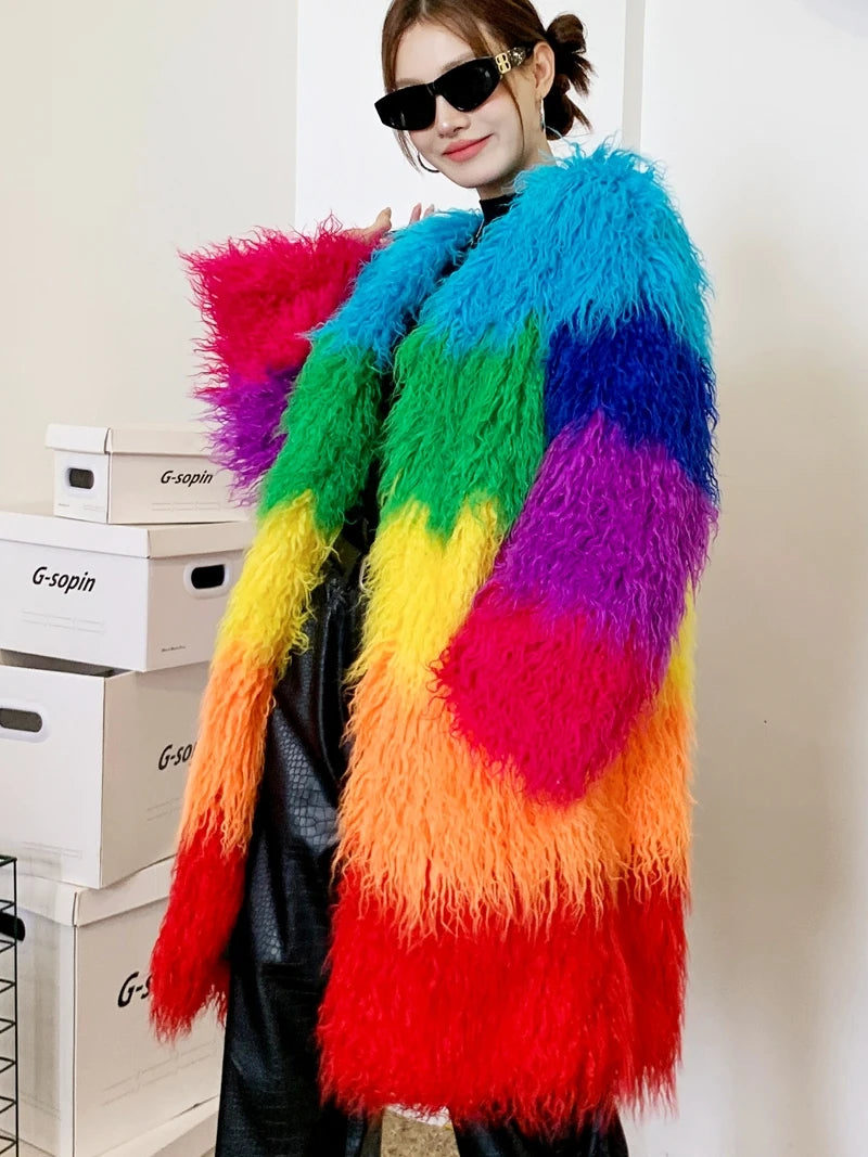 Rainbow Striped Faux Fur Coat - Festigal