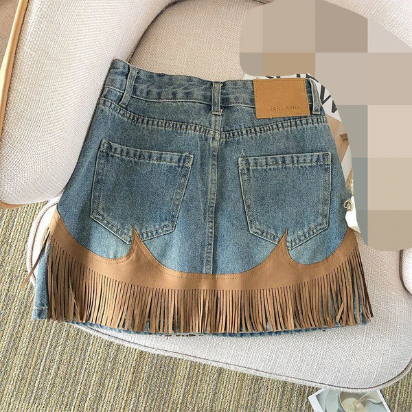 Western Denim Tassel Skirt - Festigal