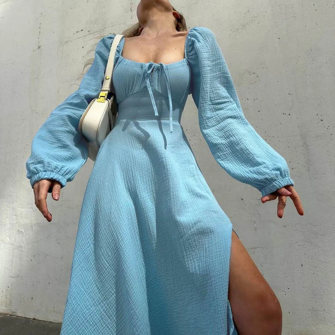 Lace-Up Lantern Sleeve Midi Dress - Festigal