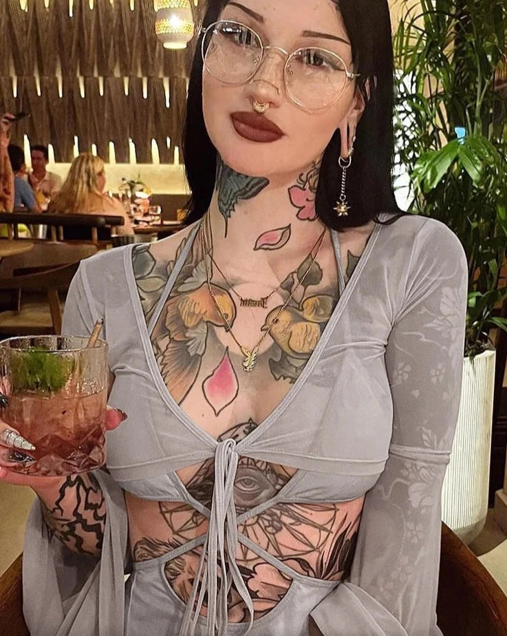 Asymmetrical Bell Sleeve Lace-Up Dress - Festigal