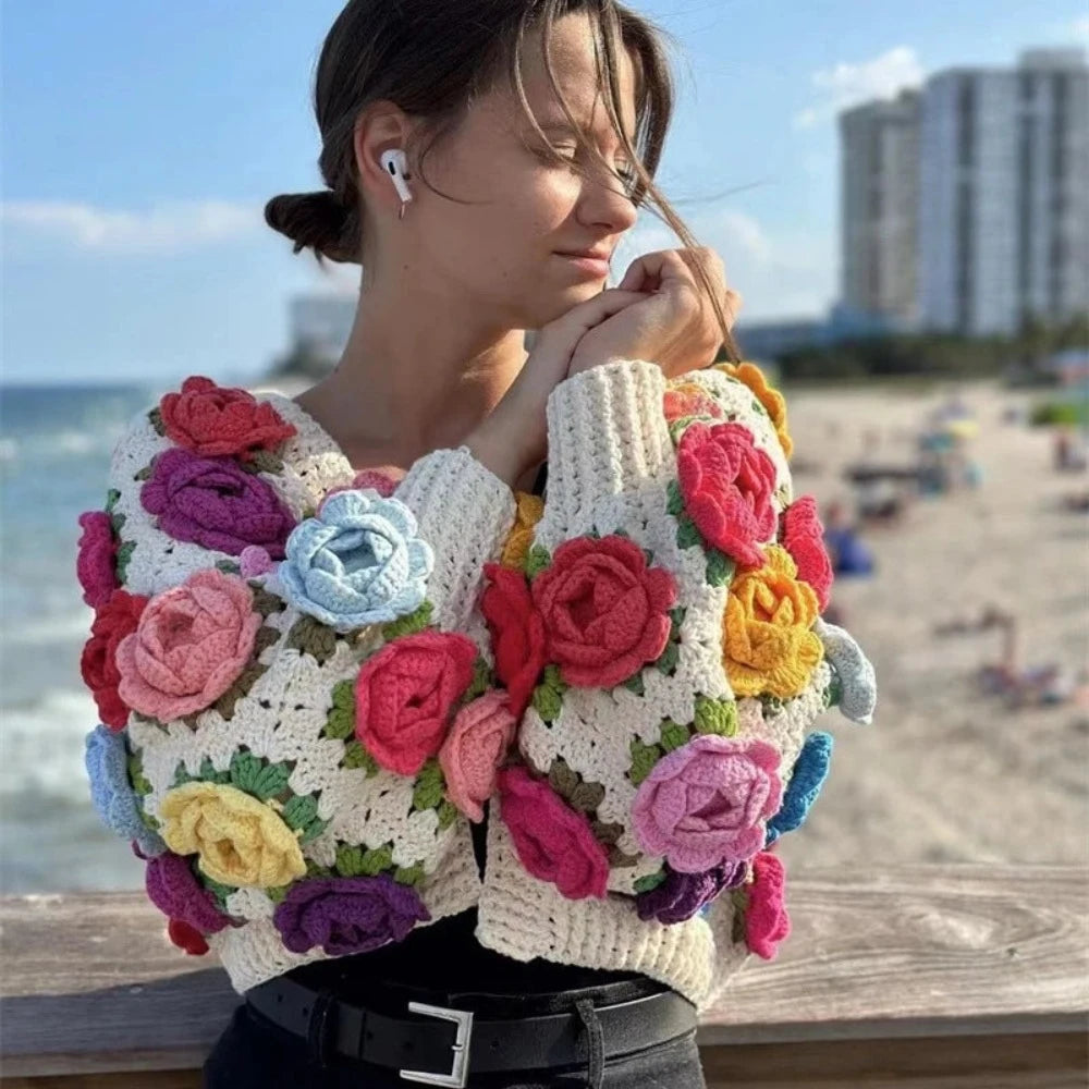 3D Rose Handmade Crochet Cardigan - Festigal