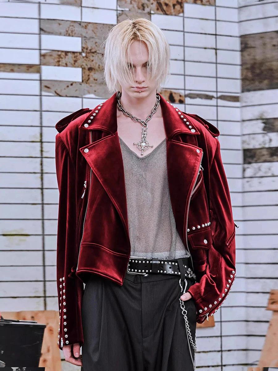 Men's Red Velvet Biker Jacket - Festigal