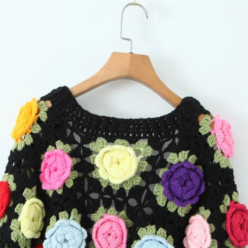 3D Rose Handmade Crochet Cardigan - Festigal