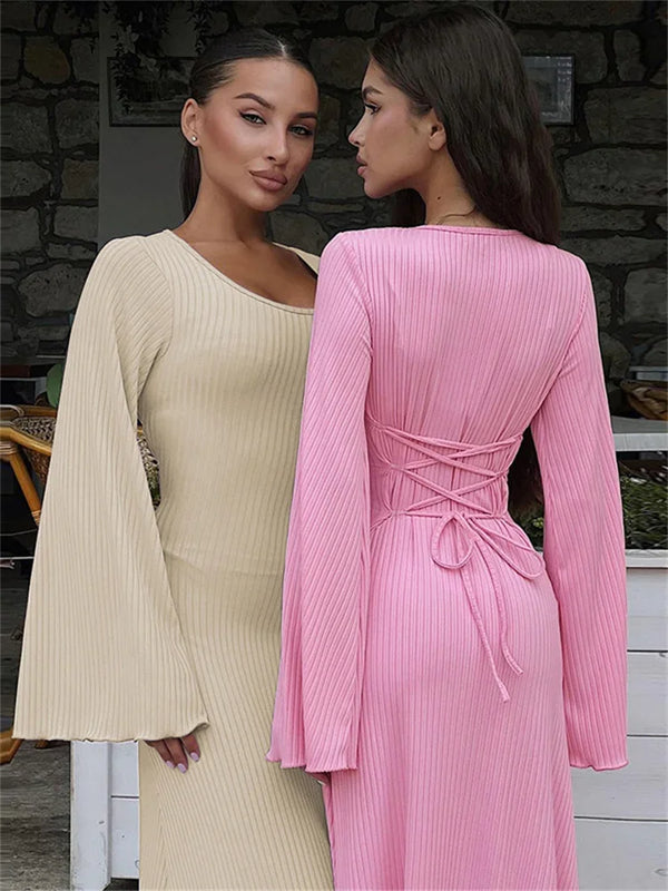 Bell Sleeved Ribbed Maxi Dress - Festigal