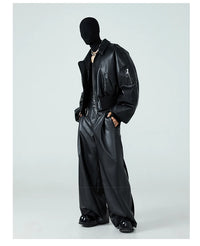 Black Faux Leather Bomber Jacket - Festigal