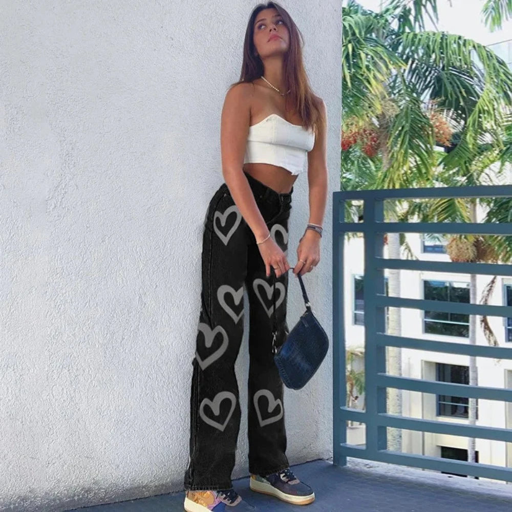 Vintage Heart Printed Wide Legged Jeans - Festigal