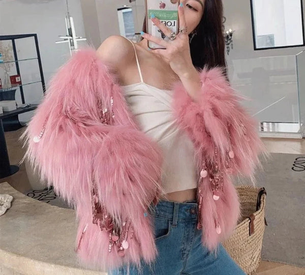 Women's Faux Fur Sequin Tassel Jacket - Festigal