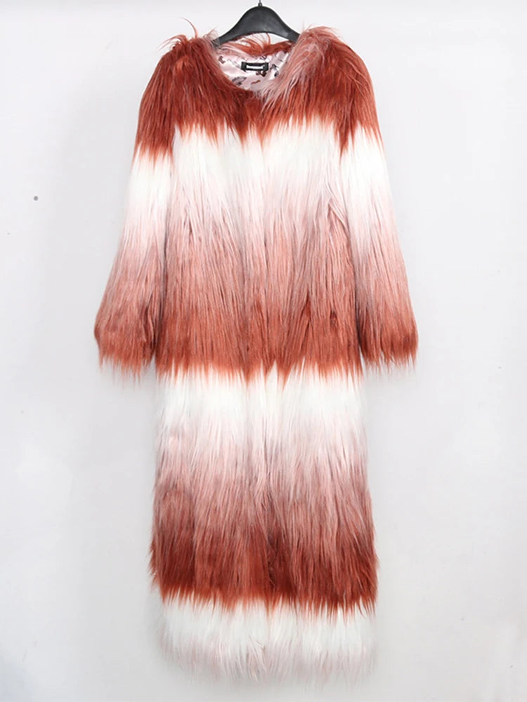 Ombre Faux Mongolian Fur Coat - Festigal
