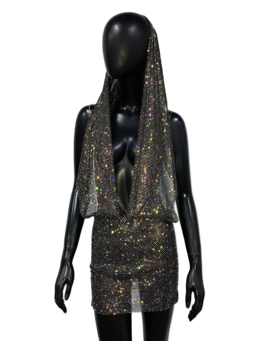 Rhinestone Mesh Hooded Dress - Festigal