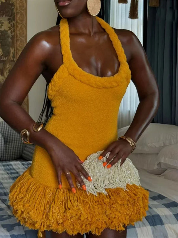 Orange Braided Fluffy Trim Dress - Festigal