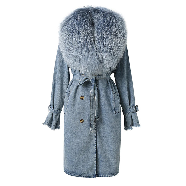 Mongolian Fur Collar Denim Trench Coat - Festigal