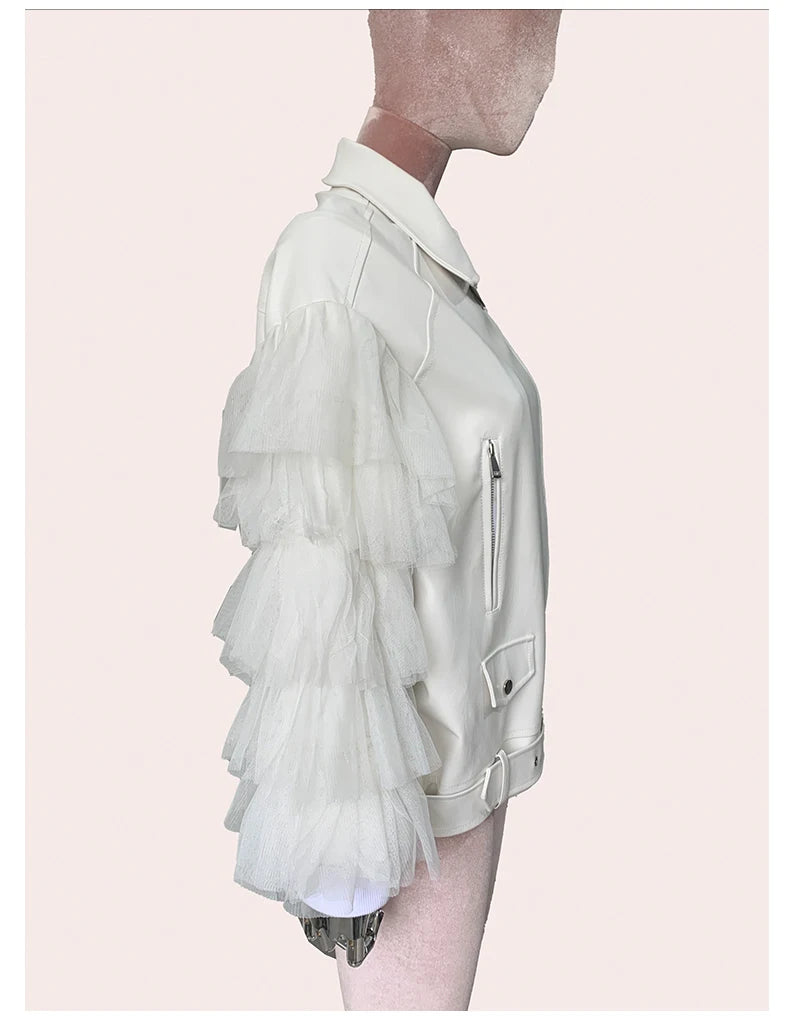 Faux Leather Ruffle Sleeve Jacket - Festigal
