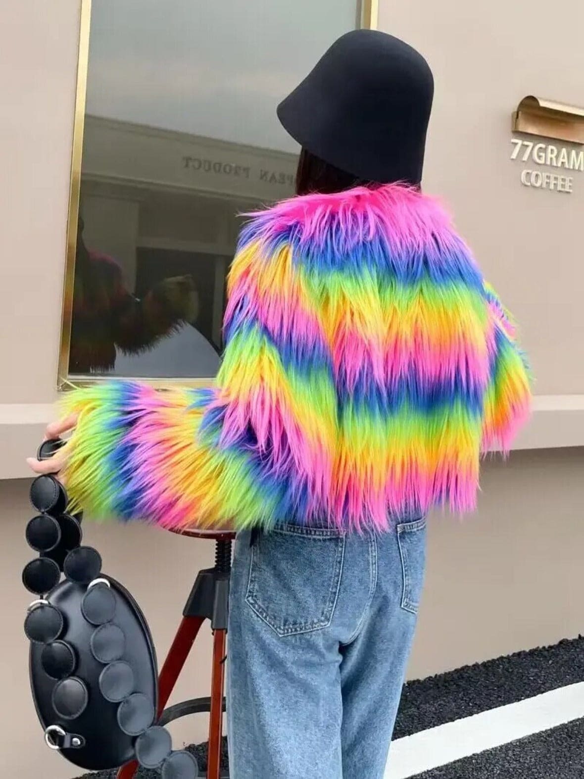 Rainbow Faux Fur Shaggy Coat - Festigal