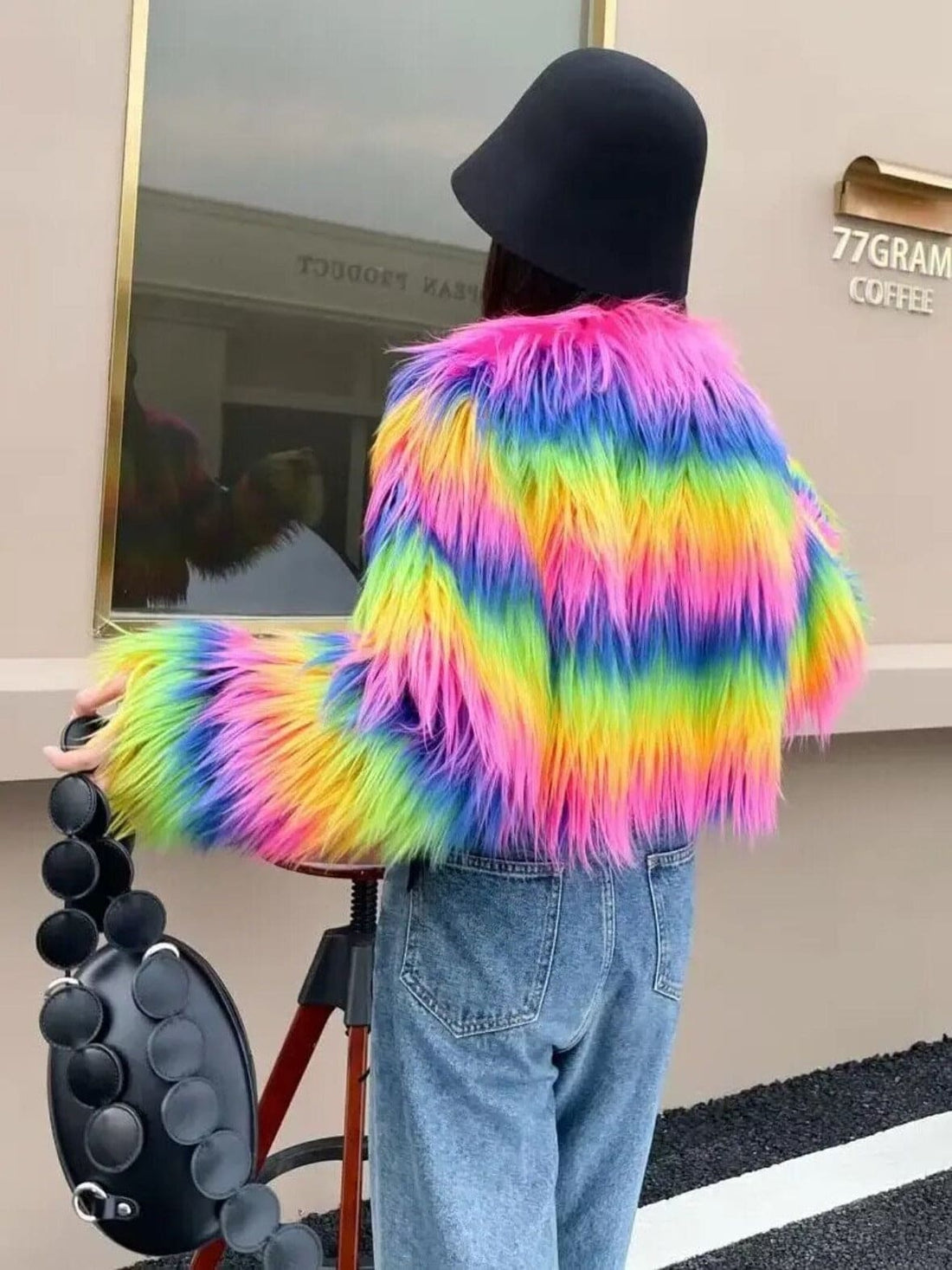 Rainbow Faux Fur Shaggy Coat - Festigal