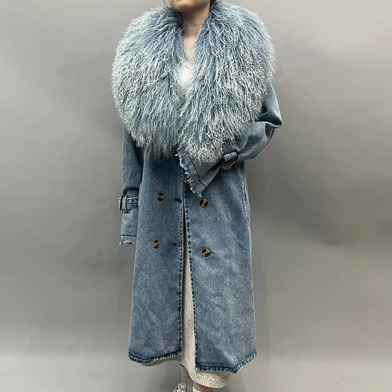 Mongolian Fur Collar Denim Trench Coat - Festigal