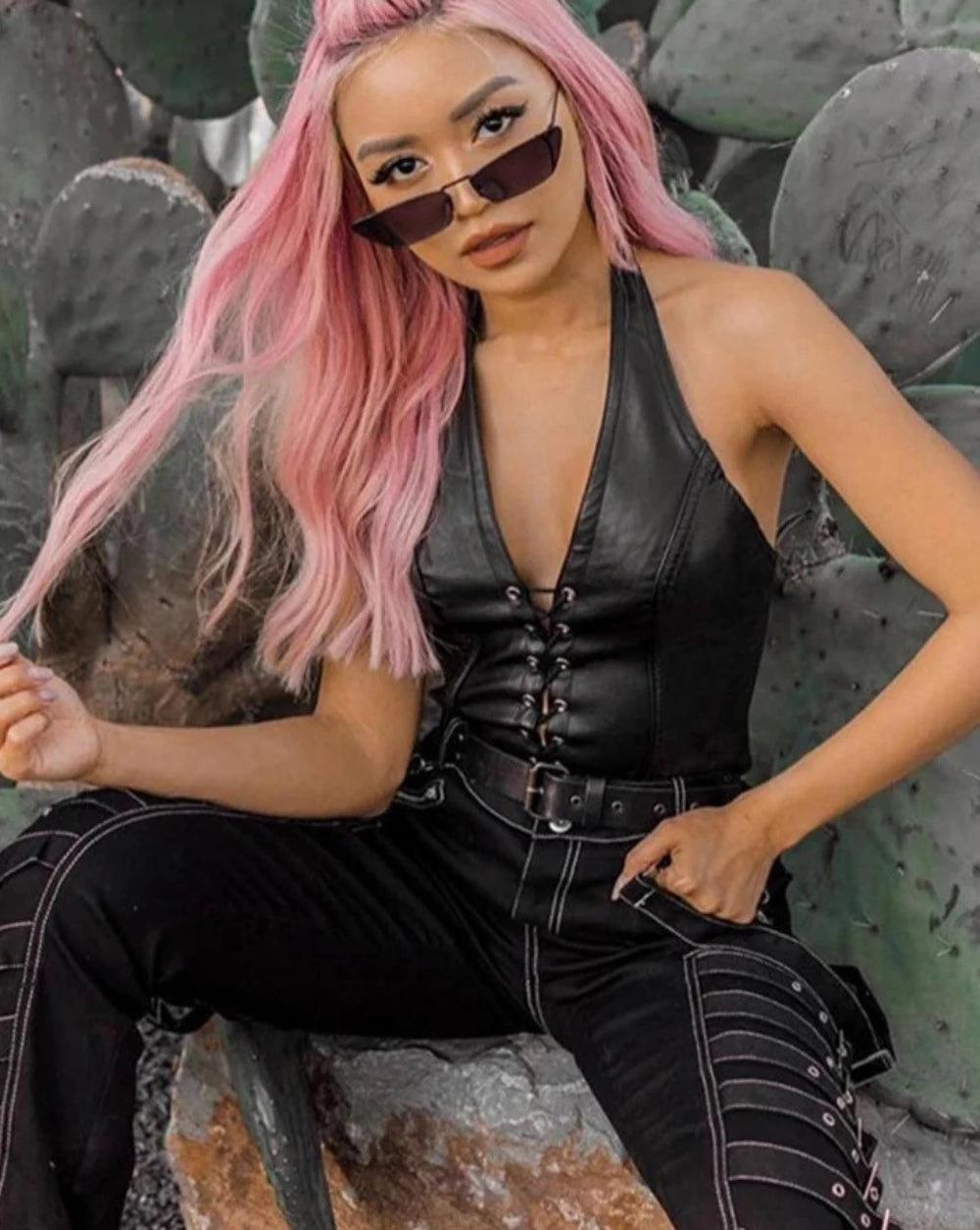 Lace Up Black PU Leather Crop Top - Festigal