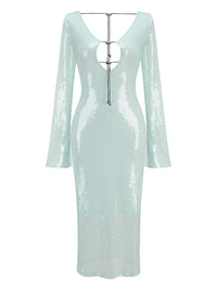 V Neck Long Sleeve Sequin Midi Dress - Festigal