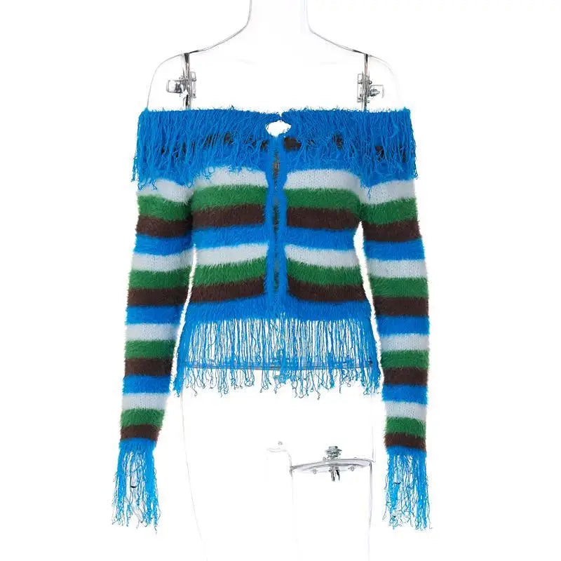 Unusual Slash-Neck Tasselled Cardigan - Festigal