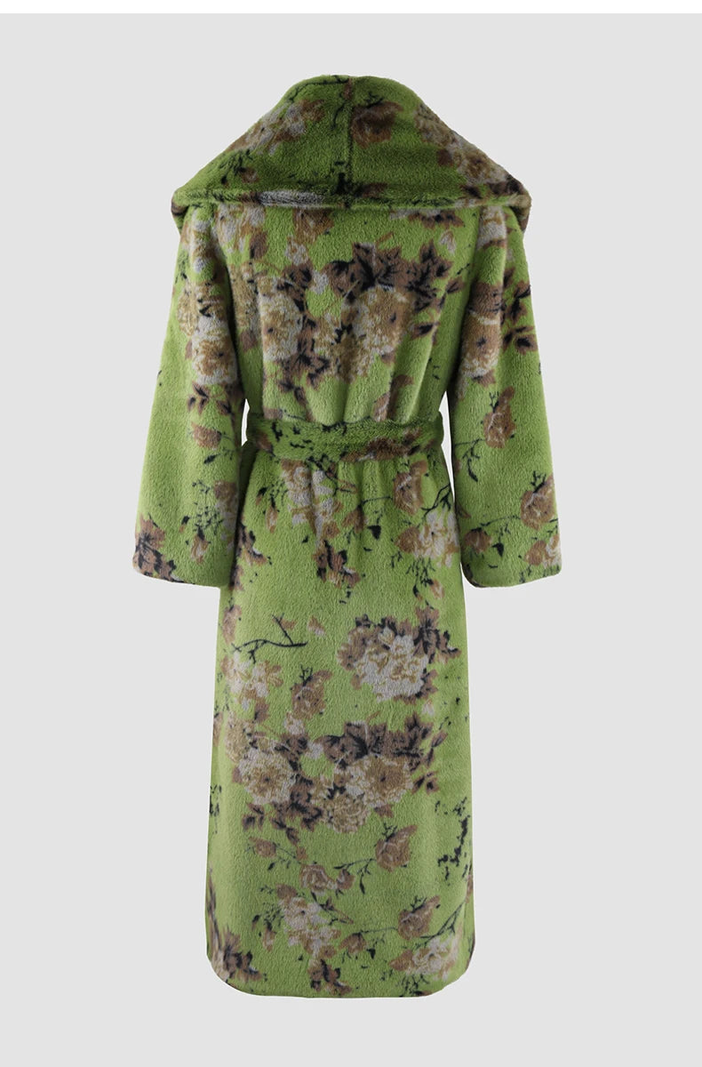 Green Floral Longline Faux Fur Coat