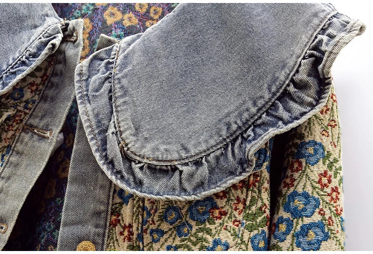 Oversized Collar Floral Denim Jacket - Festigal