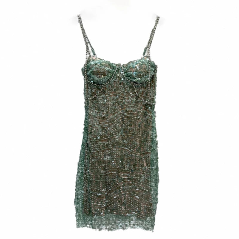 Embellished Green Bustier Dress - Festigal